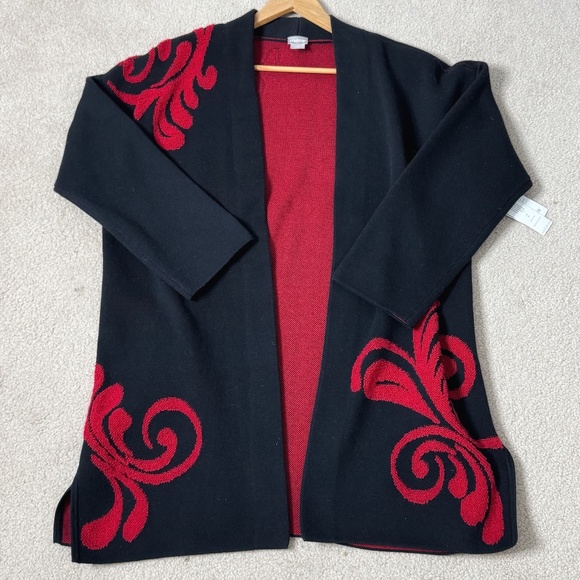 NWT Chicos Cardigan Open Front Longer Length Black Red Textured Scroll Pattern 2 - Picture 9 of 16